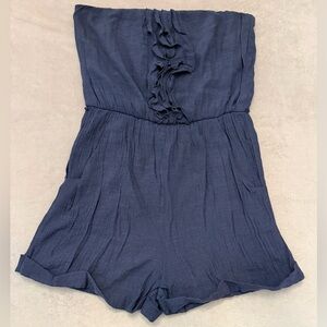 Womens Strapless Romper XL Navy Blue Ruffle Double Lined Pockets Casual Summer